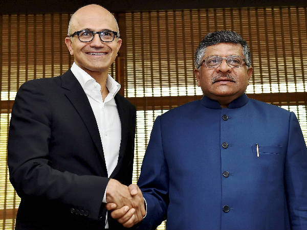 Union Minister for Electronics & Information Technology Ravi Shankar Prasad shakes hands with CEO Microsoft, Satya Narayana Nadella Union Minister for Electronics & Information Technology Ravi Shankar Prasad shakes hands with CEO Microsoft, Satya Narayana Nadella