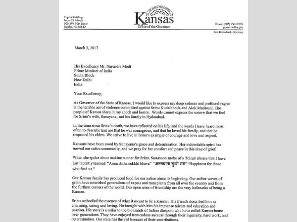 Kansas Governor writes to PM Modi Kansas Governor writes to PM Modi