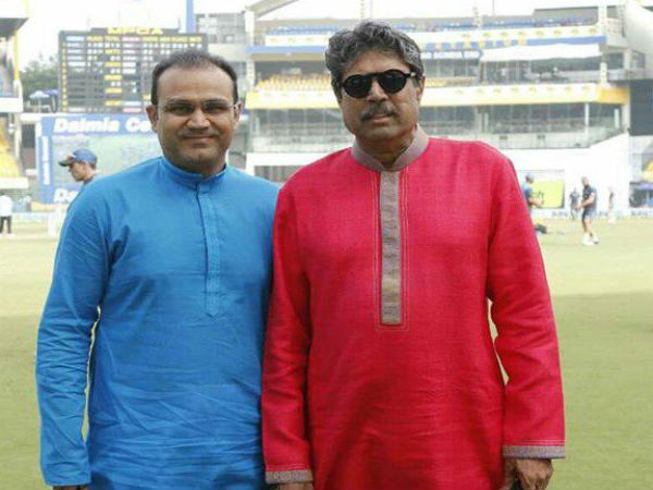 Virender Sehwag with Kapil Dev in cotton kurtas
