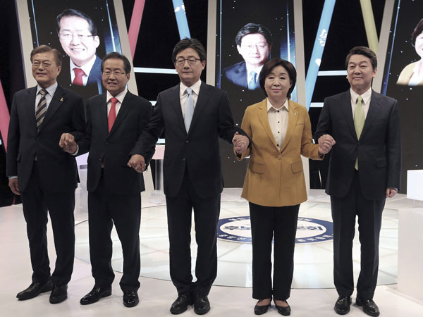 South Korean presidential candidates, Moon Jae-in, Hong Joon-pyo, Yoo Seong-min Sim Sang-jung South Korean presidential candidates, Moon Jae-in, Hong Joon-pyo, Yoo Seong-min Sim Sang-jung