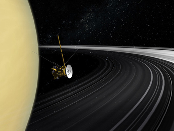 Graphical representation of Cassini approaching Saturn