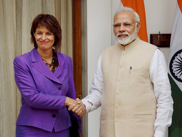 Prime Minister Narendra Modi with Doris Leuthard, President of the Swiss Confederation before a meeting at Hyderabad House in New Delhi on Thursday. PTI Photo Prime Minister Narendra Modi with Doris Leuthard, President of the Swiss Confederation before a meeting at Hyderabad House in New Delhi on Thursday. PTI Photo