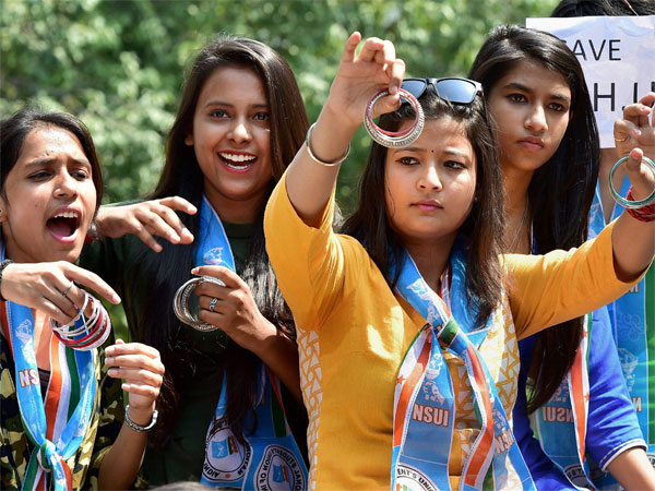 NSUI members demonstrating with bangles against the recent police action on Banaras Hindu University (BHU) girls, in New Delhi. PTI file photo NSUI members demonstrating with bangles against the recent police action on Banaras Hindu University (BHU) girls, in New Delhi. PTI file photo