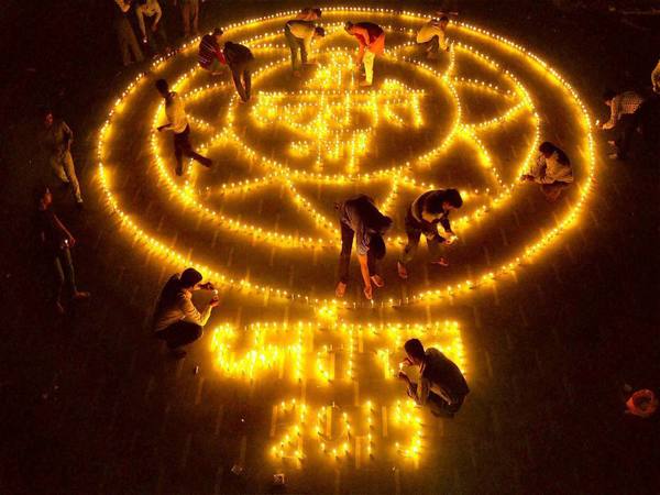 Earthen Lamps lit in an artistic style on the occasion of Dhanteras in Moradabad