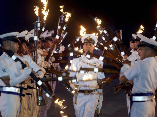 Naval officers march during rehearsal