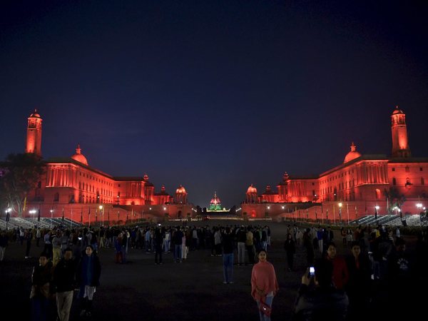 An illuminated Raisina Hill after the rehearsal for the Beating Retreat ceremony in New Delhi on Sunday