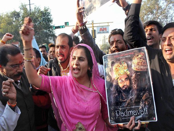 Karni Sena activists demonstrate against the release of Padmaavat, in Bhopal on Monday. Karni Sena activists demonstrate against the release of Padmaavat, in Bhopal on Monday.