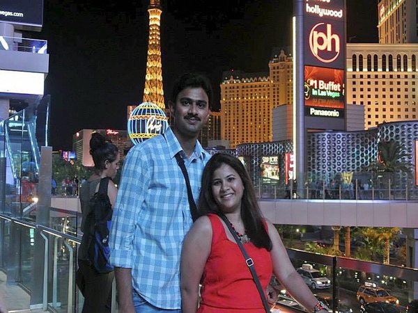 File photo of Srinivas Kuchibhotla (left) posing for photo with his wife Sunayana Dumala in Las Vegas File photo of Srinivas Kuchibhotla (left) posing for photo with his wife Sunayana Dumala in Las Vegas