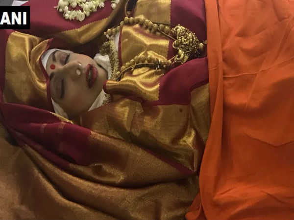 Dressed in her favourite, red and golden Kanjeevaram sari Dressed in her favourite, red and golden Kanjeevaram sari