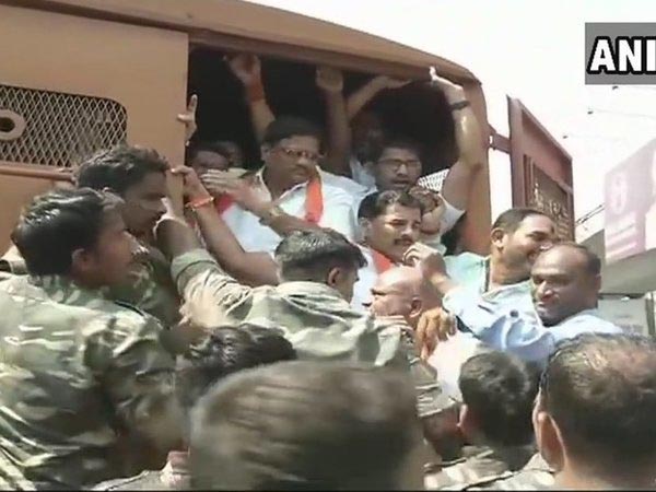 Telangana BJP members have been detained by the Hyderabad Police. Courtesy: ANI news Telangana BJP members have been detained by the Hyderabad Police. Courtesy: ANI news