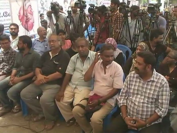 Tamil Nadu film fraternity stage protest in Chennai. Courtesy: ANI news Tamil Nadu film fraternity stage protest in Chennai. Courtesy: ANI news