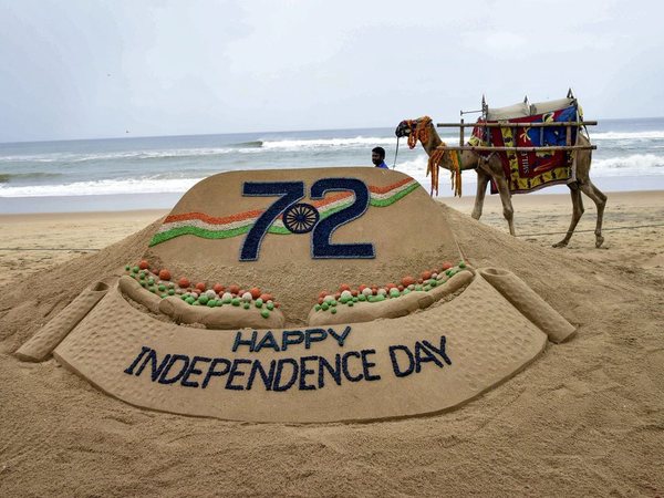 A creation by sand sculpting artist Sudarshan Pattanaik on the eve of Independence Day at a beach, in Puri on Tuesday, Aug 14, 2018. (PTI Photo) A creation by sand sculpting artist Sudarshan Pattanaik on the eve of Independence Day at a beach, in Puri on Tuesday, Aug 14, 2018. (PTI Photo)