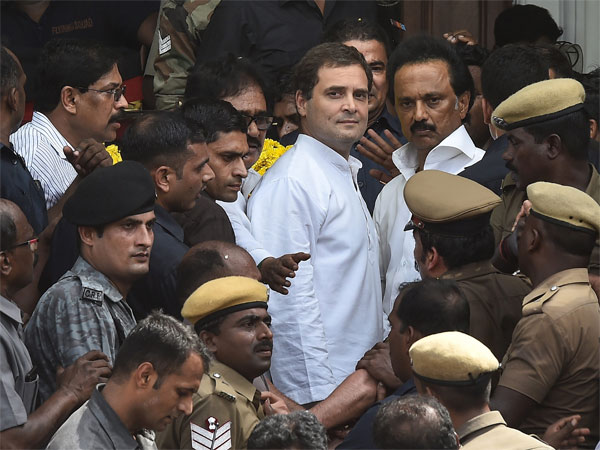 Congress president Rahul Gandhi with DMK Working President MK Stalin after paying his last respects to DMK chief M Karunanidhi, at Rajaji Hall in Chennai Congress president Rahul Gandhi with DMK Working President MK Stalin after paying his last respects to DMK chief M Karunanidhi, at Rajaji Hall in Chennai