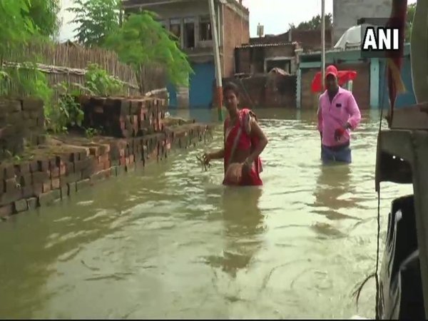 People wading through water