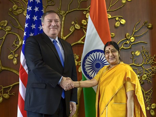 Foreign Minister Sushma Swaraj shakes hands with US Secretary of State Mike Pompeo before a meeting, in New Delhi. PTI photo Foreign Minister Sushma Swaraj shakes hands with US Secretary of State Mike Pompeo before a meeting, in New Delhi. PTI photo