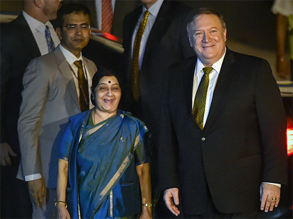 External Affairs Minister Sushma Swaraj greets US Secretary of State Mike Pompeo on his arrival at Palam Airforce Station, to attend first ever ‘2+2 Dialogue’ between the two nations, in New Delhi External Affairs Minister Sushma Swaraj greets US Secretary of State Mike Pompeo on his arrival at Palam Airforce Station, to attend first ever ‘2+2 Dialogue’ between the two nations, in New Delhi