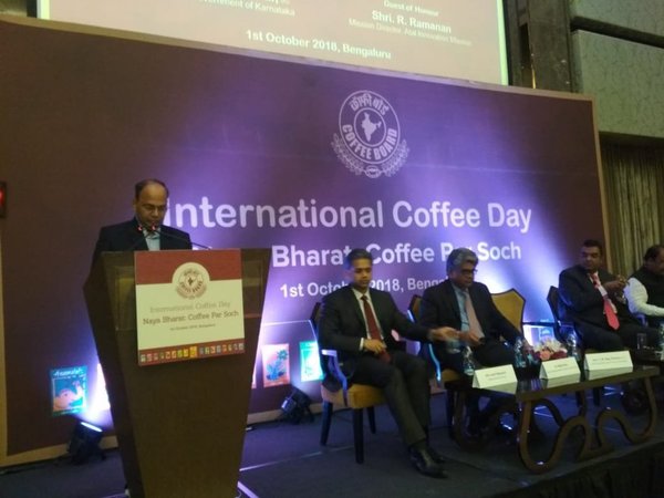 Chief Secretary, Karnataka, T M Vijay Bhaskar addressing the gathering. Photo credit Coffee Board twitter handle Chief Secretary, Karnataka, T M Vijay Bhaskar addressing the gathering. Photo credit Coffee Board twitter handle