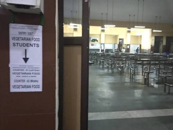 Posters earmarking separate entry and exit points and wash basins for vegetarian and non-vegetarian students at IIT-Madras Posters earmarking separate entry and exit points and wash basins for vegetarian and non-vegetarian students at IIT-Madras