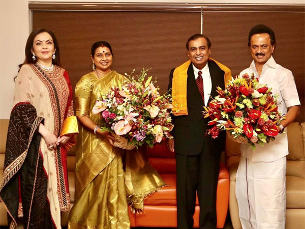 Mr &Mrs Mukesh Ambani with DMK chief Stalin in Chennai. Mr &Mrs Mukesh Ambani with DMK chief Stalin in Chennai.