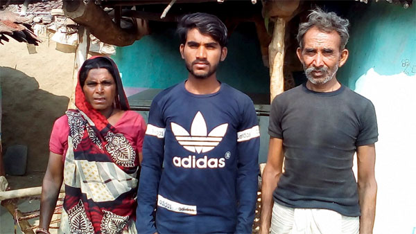 Lekhraj Bheel with parents at his home in the native village, Kota Lekhraj Bheel with parents at his home in the native village, Kota