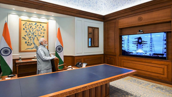 Prime Minister Narendra Modi watches on a screen the successful launch of Chandrayaan-2 Prime Minister Narendra Modi watches on a screen the successful launch of Chandrayaan-2