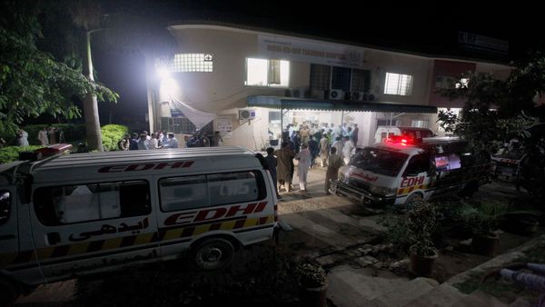 People gather at a hospital in Jatlan near Mirpur