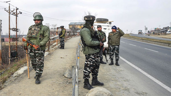 CRPF personnel stand guard at the spot where deadly 2019 Pulwama terror attack took place, at Lethipora of Pulwama District, South Kashmir CRPF personnel stand guard at the spot where deadly 2019 Pulwama terror attack took place, at Lethipora of Pulwama District, South Kashmir