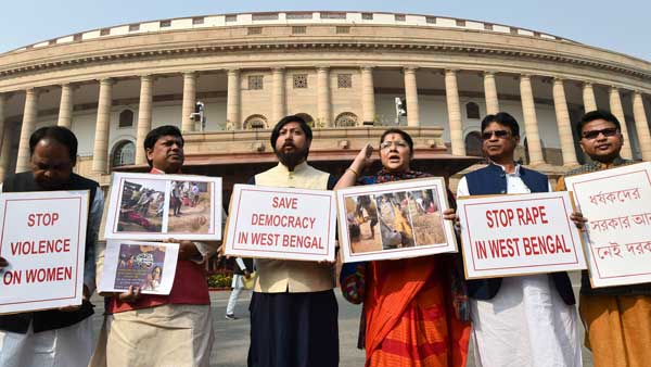 WB BJP leaders protest on Parliament premises against rising atrocities against women WB BJP leaders protest on Parliament premises against rising atrocities against women