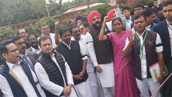 Rahul Gandhi leads protest against suspension of 7 Congress MPs from Lok Sabha Rahul Gandhi leads protest against suspension of 7 Congress MPs from Lok Sabha