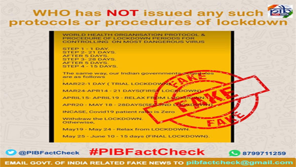 Fake: WHO has not issued any protocols and procedures on lockdown in India Fake: WHO has not issued any protocols and procedures on lockdown in India