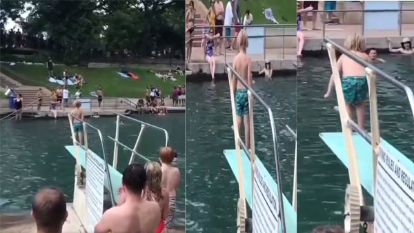 Little boy who was scared to jump into a pool is cheered by people: Check what happens next Little boy who was scared to jump into a pool is cheered by people: Check what happens next