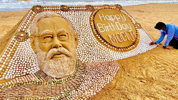 PM Modi turns 71: Sudarsan Pattnaik shares breathtaking sand art using 2035 seashells, netizens amazed PM Modi turns 71: Sudarsan Pattnaik shares breathtaking sand art using 2035 seashells, netizens amazed