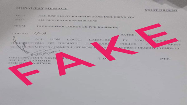 Order stating all non-local labourers in J&K to be shifted to Police, Army camps is fake Order stating all non-local labourers in J&K to be shifted to Police, Army camps is fake