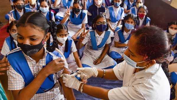 School children receive COVID-19 vaccine dose, at a government school, in Hyderabad School children receive COVID-19 vaccine dose, at a government school, in Hyderabad