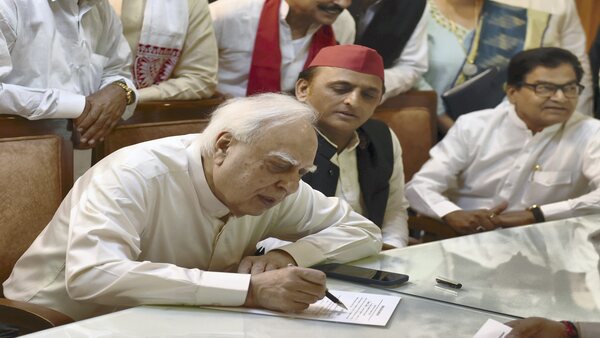Former Congress leader Kapil Sibal filing his nomination papers for Rajiya Sabha in Lucknow. Image credit: PTI Former Congress leader Kapil Sibal filing his nomination papers for Rajiya Sabha in Lucknow. Image credit: PTI