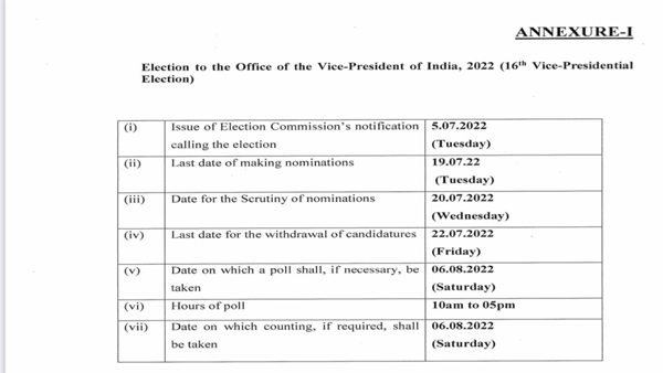 Vice Presidential election to be held on August 6 Vice Presidential election to be held on August 6