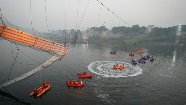 Search and rescue work is going on as a cable suspension bridge collapsed in Morbi town of western state Gujarat Search and rescue work is going on as a cable suspension bridge collapsed in Morbi town of western state Gujarat