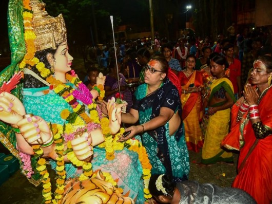 Eunuch Community Members During Immersion Of Their Community Durga Idol At A Pond In Navi Mumbai